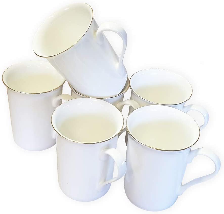 Set of 6 Fine Bone China Mugs with Gold Rim Gift Boxed Glossy White Cups