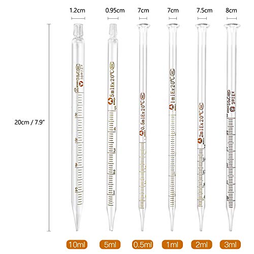 6 Pieces Glass Pipettes Graduated Dropper 0.5ml 1ml 2ml 3ml 5ml 10ml Glass Pipette Dropper with 6 Rubber Caps for Transfer Liquid Essential Oil