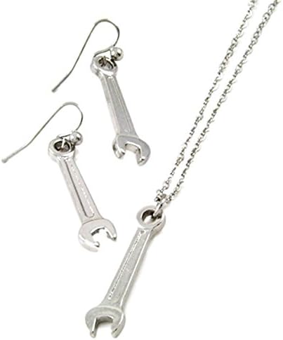 Wrench Necklace Earrings Set C35 Silver Tone
