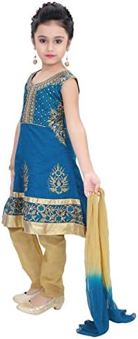 Krishna Sarees Girls Indian Bollywood Ethnic Designer Party Dress Age 3-9 Years Girl's Churidar Suit/Girls Salwar Kameez GCS19085 Turquoise and Gold Girl's Churidar Suit