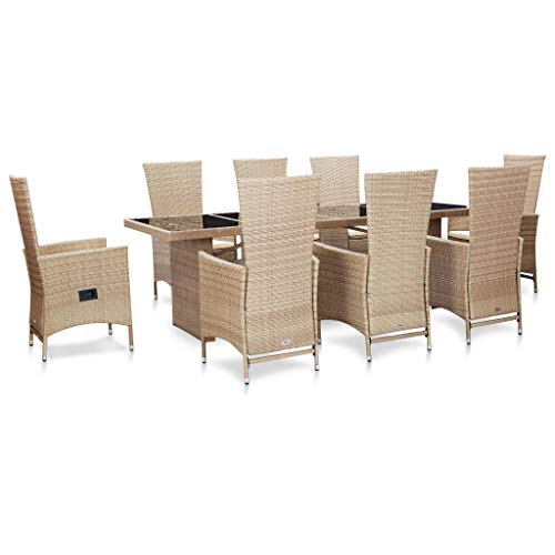 Tidyard 9-TLG. Garten Essgruppe mit Auflagen Poly Rattan Loungegruppe Set Esstisch mit Armlehnstühle Gartengarnitur Gartenmöbel Sitzgruppe für Garten, Terrasse & Balkon Beige