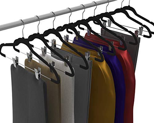 Premium Quality Velvet Clip Hangers (Set of 26) Ultra Thin No Slip Hangers Great for Skirts, Dresses, Suits, Shirts & More - Swivel Hooks, Stronger Than Standard Hangers - Space Saving Hangers - Black