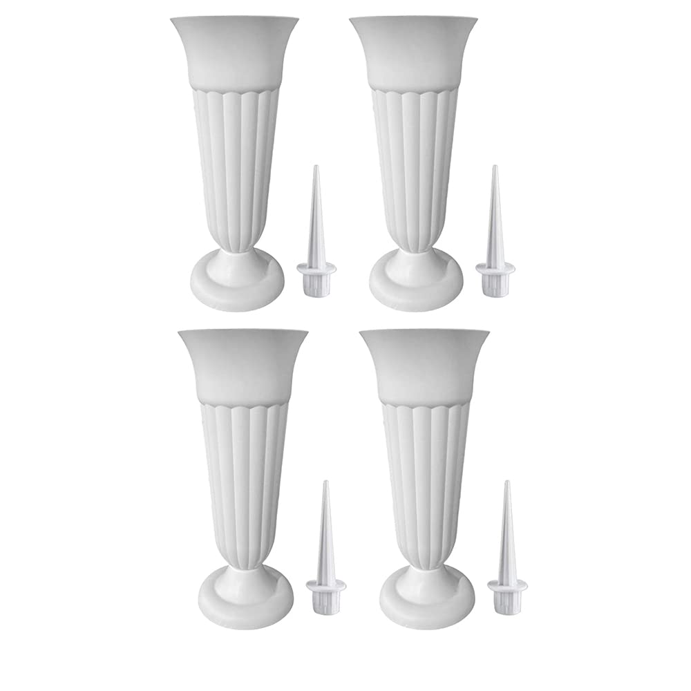 Cemetery Vases 4 Pack Plastic Grave Cone Vase Detachable Memorial Flowers Holder with Spikes for Graveside Lawn Memorial Lawn Garden (White)