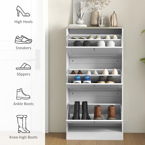 HOMCOM Narrow Shoe Cabinet with 3 Flip Drawers, Adjustable Shelves, White | Shoe Storage Cabinet, Hallway, Entryway, Holds 12-18 Pairs