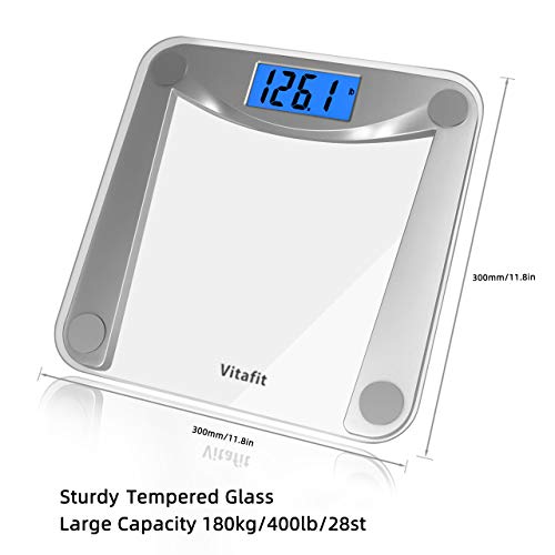 Vitafit-Digital-Body-Weight-Bathroom-Scale-Weighing-Scale-with-Step-On-TechnologyExtra-Large-Blue-Backlit-Display-and-Batteries-Included-400-PoundsClear-Glass