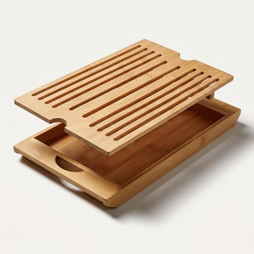 Tábua de Corte Bambu com Migalheira e Bandeja 4 em 1 | Bambu natural prensado, sulco coletor de migalhas, alças laterais, uso como fruteira ou suporte de panela, 36,8x22 cm