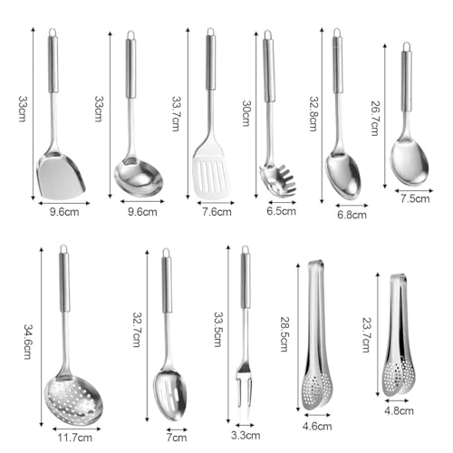 Juego de Utensilios de Cocina de Acero Inoxidable 11pcs Antiadherentes con Mango Resistente al Calor Accesorios de Cocina con Cucharones, Palas y Pinzas de Cocina
