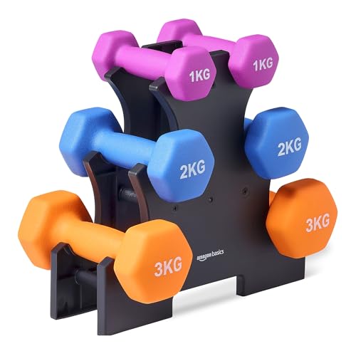 Amazon Basics Neopren Hanteln Gewichte, Hantelset mit Ständer, 3 Paar (1kg, 2kg, 3kg), Sechseckig, für Krafttraining und Fitnesskurse