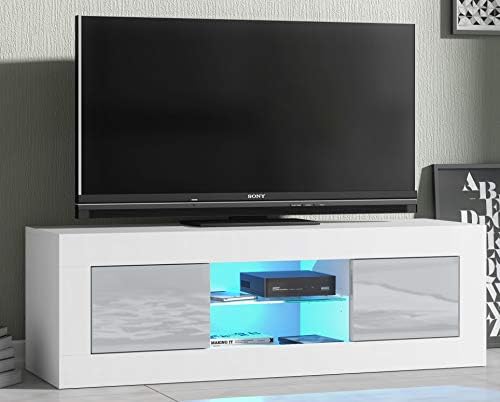Mex Furniture Modern TV Unit Cabinet Stand Sideboard Matt body and High Gloss Doors LED Light E043 (White and Grey)