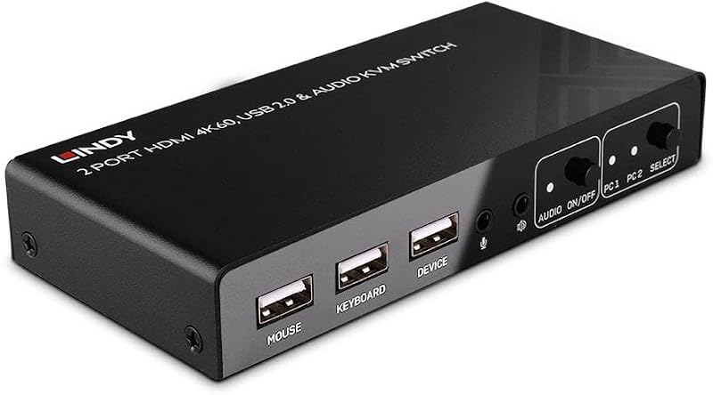 LINDY 2-Port HDMI 4K60 KVM Switch USB 2.0 Audio Hub