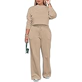 PINSV Women's 2 Piece Outfits Sweatsuit Set Long Sleeve Crop Top Drawstring Wide Leg Pants with Pockets Tracksuits Casual Set