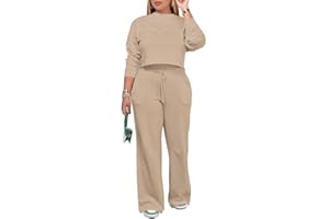 PINSV Women's 2 Piece Outfits Sweatsuit Set Long Sleeve Crop Top Drawstring Wide Leg Pants with Pockets Tracksuits Casual Set