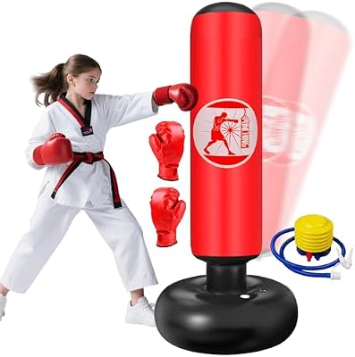 Saco de Boxeo Niños 6-12 Años, 160cm Saco de Boxeo de Pie con Bomba de Aire y Guantes de Boxeo, Bolsa de Boxeo Inflable Estable para Karate, Kickboxing, MMA, Regalo Ideal para Niños y Niñas