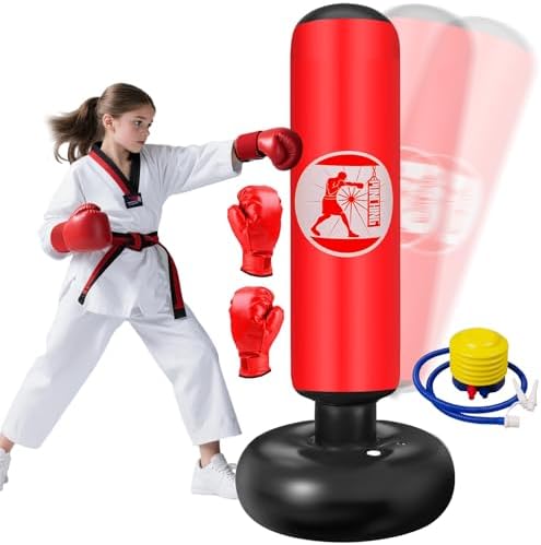 Sac de Boxe pour Enfants 6 à 12 Ans, 160cm Gonflable Sac de Frappe sur Pied, Sac de Boxe Set de Formation avec Gants, Cadeau Parfait pour Garçons et Filles pour Karaté, Taekwondo