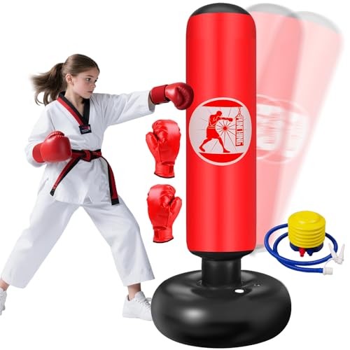 Boxsack für Kinder von 6–12 Jahren, 160cm Standboxsack Aufblasbarer mit Boxhandschuhe Boxsack Stehender, Geschenk für Jungen und Mädchen Üben von Karate, Kickboxen,Taekwondo, MMA