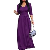 MarryUP Maxi Dress for Women 3/4 Sleeves V-Neck Semi Formal Church Long Casual Dresses with Pockets