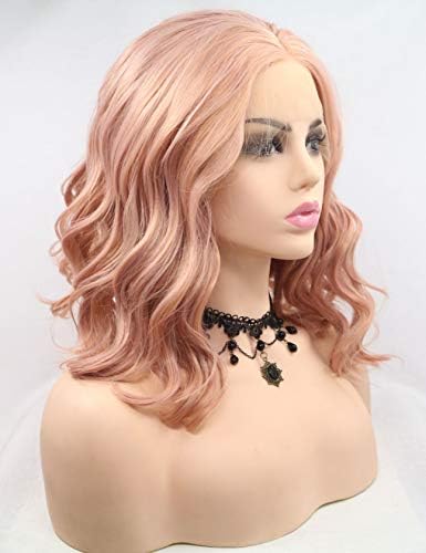 Cosswigs Bob Pink Lace Wigs Middle Part Peach Pink Lace Front Wig for Women Realistic Looking Synthetic Wig Heat Resistant Fiber 14inches