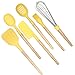 Silicone Cooking Kitchen Utensil Set 6PCS - Nonstick Heat Resistant Cooking Tool with Natural Wooden Handles, Balloon whisk, Slotted Spoon, Soup Ladle, Spatula, Long Scraper and Pastry Brush
