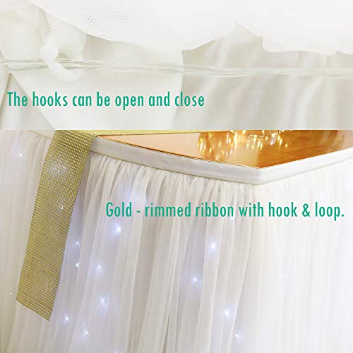 OakHaomie 10ft Table Skirt Tulle Tutu Table Cloth with 15pcs String Lights for Rectangle or Round Table for Party,Wedding,Birthday Party&Home Decoration,Table Skirting (White, 10ftX2.63ft)