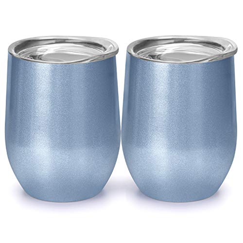 MASCOTKING Wine Glasses Tumbler - 12 oz 2 Pack - Double Wall Vacuum Insulated Cup with Lids for Keeping Wine, Coffee, Drinks - Beverage Warm in Winter - Christmas Present