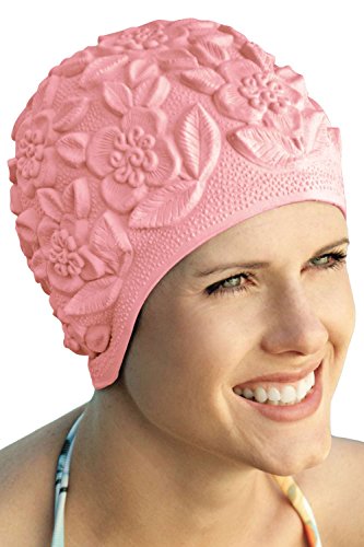 Retro Bathing Caps for Women: Floral Molded Swim Cap Mauve - Thumbnail 2
