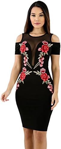 New Arrival Style Woman Sexy Mesh Combine Embroidered Rose Cold Shoulder Bodycon Dress
