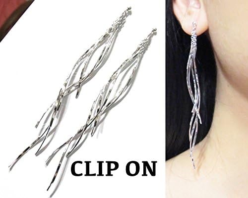 Statement Japanese Omega Clip On Earrings, Silver or Gold Plate Long Drop Fringe Tassel Wavy Bar Chandelier Dangle Clip-ons Non Pierced Earrings