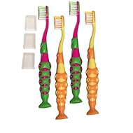 4-Pack of Kids Childrens Toddler Girls Pink Green Yellow Orange Extra Soft Bristle Easy Grip Suction Base BPA Free Toothbrush Set w/Travel Dust Covers