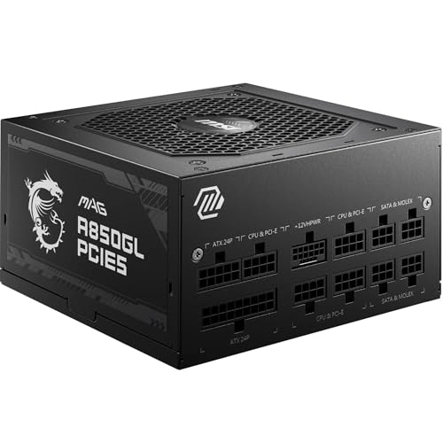 MSI MAG A850GL PCIE5 Alimentatore 850W, 80 Plus Gold, completamente modulare, ATX 3.0, supporto GPU PCIe 5.0, ventola FDB da 120 mm, Full-Bridge LLC, cavi neri piatti