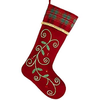 Valery Madelyn 21 inch Traditional Holly Leaves Christmas Stockings with Red Green Tartan Cuff, Themed with Tree Skirt (Not Included)