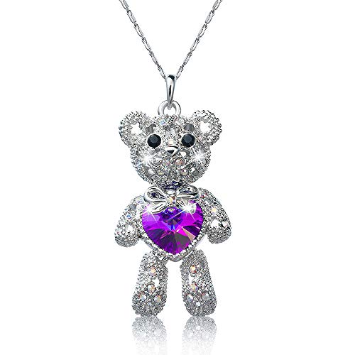 Pendant Necklace with Swarovski Crystals Teddy Bear Love Heart Charm Rhodium Plated Chain Length 16.5"+2.0" Extender - Jewelry Gifts for Women Girls Teen Kids Princess Daughter Granddaughter
