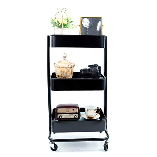 Iris'Home 3-Tier Metal Rolling Storage Cart Heavy Duty Utility Cart on Wheels for Bathroom, Kitchen, Office, Bedroom. Easy Assembly Storage Trolley Service Cart with Mesh Baskets - Black