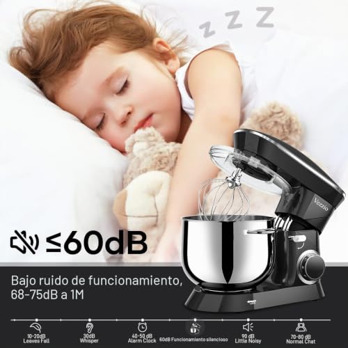 Vezzio 8.5L Professional Pastry Mixer 1500 W 6 Speeds Kitchen Robot Mixer Multifunction Low Noise Stainless Steel Bowl, Kneader, Whisk and Rods (Black)