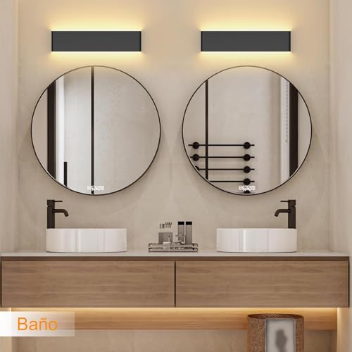 Sunsign 40cm Lámpara de Pared Moderna, 8-12W Lámpara de Pared para Baño,LED Para Interior, Dormitorio/Sala de Estar/Comedor/Pasillo, 2 piezas (Negro+Luz cálida)