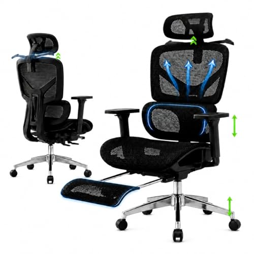 Laruno Cadeira de Escritório Ergonômica NR17 Giratória com Apoio de Pés Cadeira Gamer Presidente Suporte Lombar Adaptável Encosto Ajustável 6 Níveis Braço 3D Malha Mesh Respirável Suporta até 200kg
