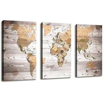 Canvas Wall Art World Map Poster Vintage Photos Painting Nautical Office Decor - 3 Panels Large Modern Framed Wall Art Map of The World Canvas Prints for Living Room Home Decor Overall 48 x 28 Inches