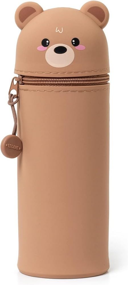 Legami - 2 in 1 Pencil Case in Soft Silicone, Kawaii, 6,3x18,5 cm, Teddy Bear Theme, Pencil Case and Desk Pen Holder, Retractable Capacity, Zipper Closure