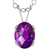 Gem Stone King 14K White Gold Purple Amethyst Solitaire Pendant Necklace For Women | 1.00 Cttw | Gemstone February Birthstone | Oval Checkerboard 8X6MM | With 18 Inch Chain