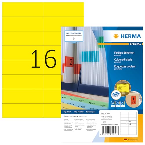 HERMA 4256 Farbige Etiketten gelb, 100 Blatt, 105 x 37 mm, 16 pro A4 Bogen, 1600 Stück, selbstklebend, bedruckbar, matt, blanko Papier Farbetiketten Aufkleber