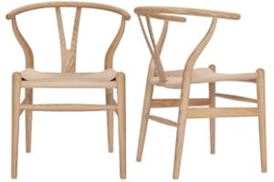 VODUR Wishbone Chair Natural Solid Wood Dining Chair/Hans Wegner Y Chair Rattan and Wood Accent Armrest Chairs Set of 2 (Ash Wood + Natural)