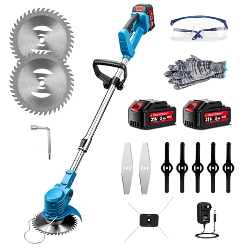 ACHIEVOOA Cortacésped Eléctrico Inalámbrico Telescópico 3 en 1, Desbordadora Portátil de 21V, Equipado con 2 Baterías de 3 Ah y 3 Tipos de Cuchillas de Corte, Ideal para Césped y Jardín (Azul)