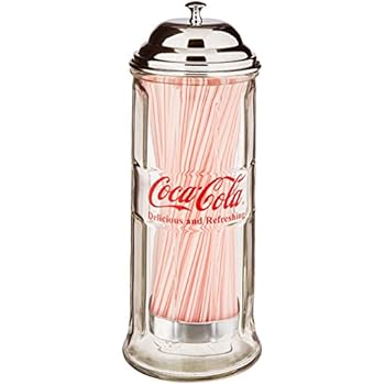 TableCraft's CC322 Coca-Cola Glass Straw Dispenser with Metal Lid