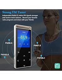 Reproductor de MP3, Reproductor de mp3 Bluetooth de 16 GB con radio FM, Altavoces, Reproductor de música sin pérdidas con podómetro para caminar, Grabador de voz compatible, Reproducción de hasta 2000 minutos y Soporte de hasta 128 GB, con brazalete