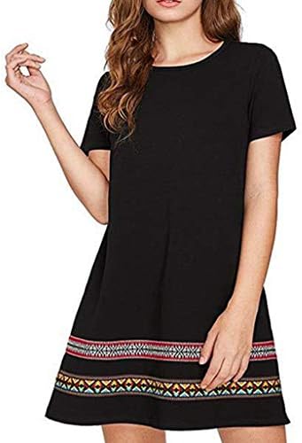 BOLUBILUY Women's Short Sleeve Dress,Summer Ethnic Print Solid O Neck Midi Dresses Loose Flowy Knee Length Bodycon Dress