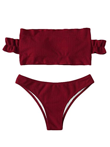SweatyRocks Women's Sexy Bikini Set Solid Color Off Shoulder Bandeau Two Piece Swimsuit Red S