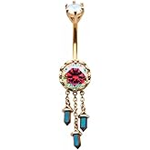 Pierced Owl 14GA 316L Stainless Steel Aurora Borealis Gem with Triple Dangling Charms Belly Button Ring