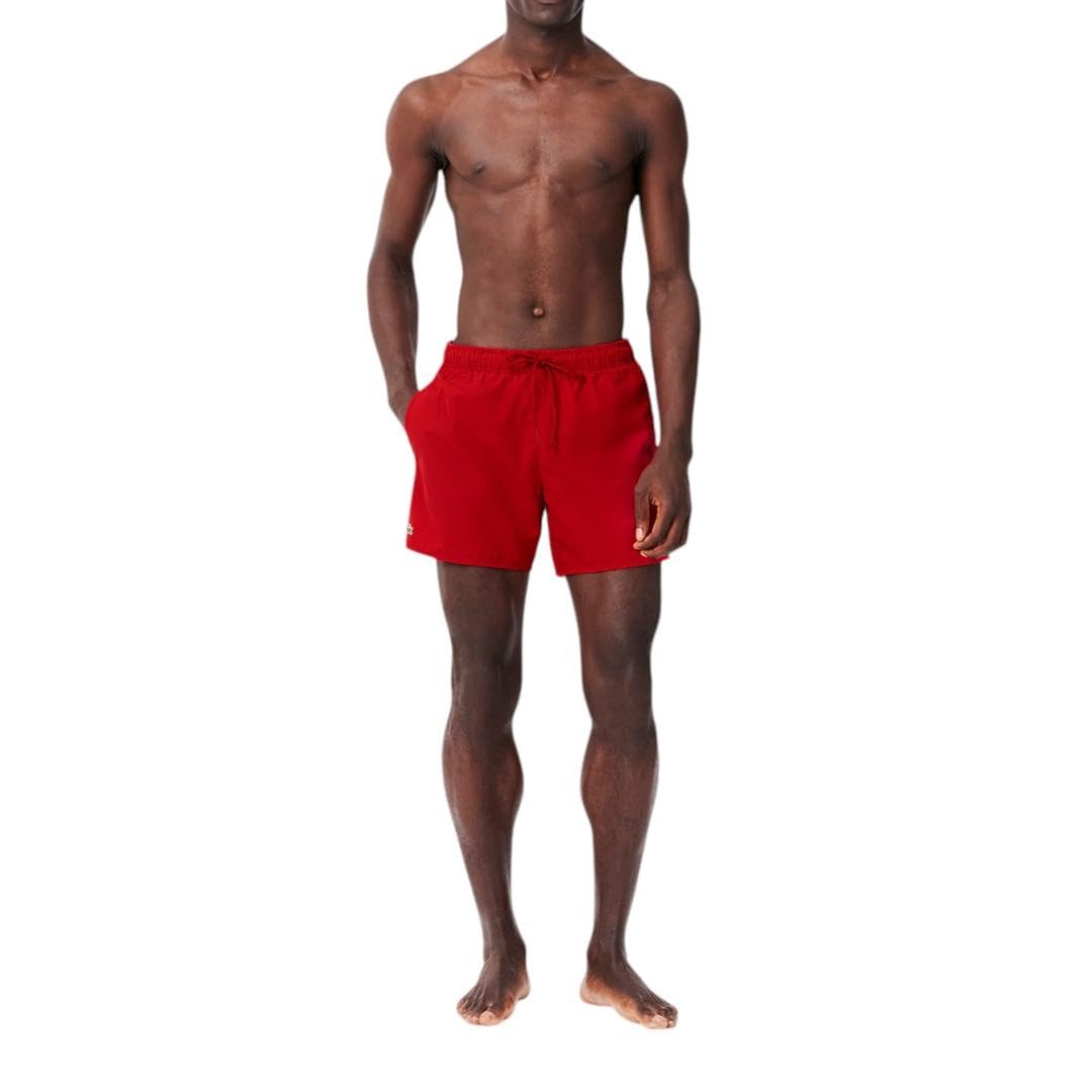 Photo 1 of Lacoste Men's Solid Elastic Waist Swim Trunks, Red/Green, Medium