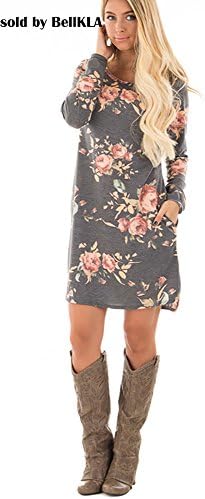VKVKA Floral Print Maxi Dress with Pocket Short Sleeve Long Tunic Boho Dress for Women (M, Gray)