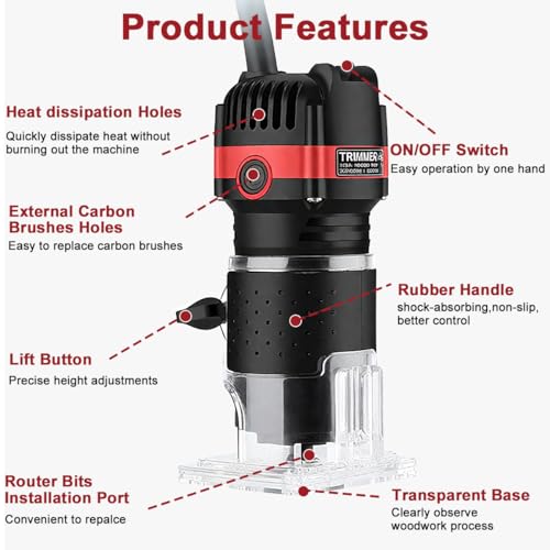 Wood Router 800W Compact Electric Trimmer Laminate 30000r/min, Wood Router with 15pcs Milling Cutter Edge Guides 1/4" 6.35mm Hand Palm Woodwork Machine Joiner Tool for DIY Slotting Trimming Handicraft