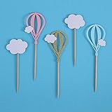 Giuffi Set of 25 Hot Air Balloon and White Cloud Cupcake Toppers Themed Party Decorations UP UP - by